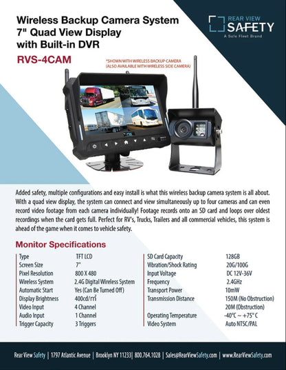 Rear View Safety Wireless Backup Camera System | 7&quot; Quad View Display with Built-in DVR