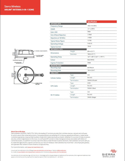 Sierra Wireless Airlink 9-in-1 Dome Antenna, 4x5G/LTE, GNSS, 4xWi-Fi 2.4/5GHz, Bolt Mount, 5m, Fakra -6001399/600140