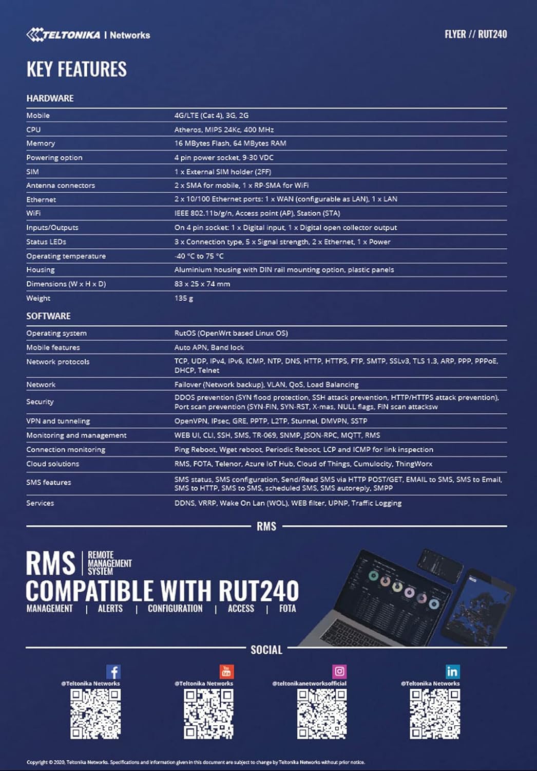 Teltonika RUT240 4G /LTE & WiFi Cellular Router with Ethernet and