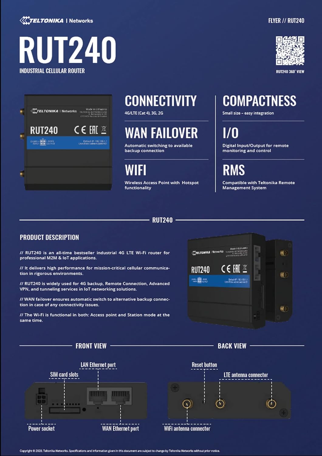 Teltonika RUT240 4G /LTE & WiFi Cellular Router with Ethernet and I/O -  Verizon - RUT24002U000